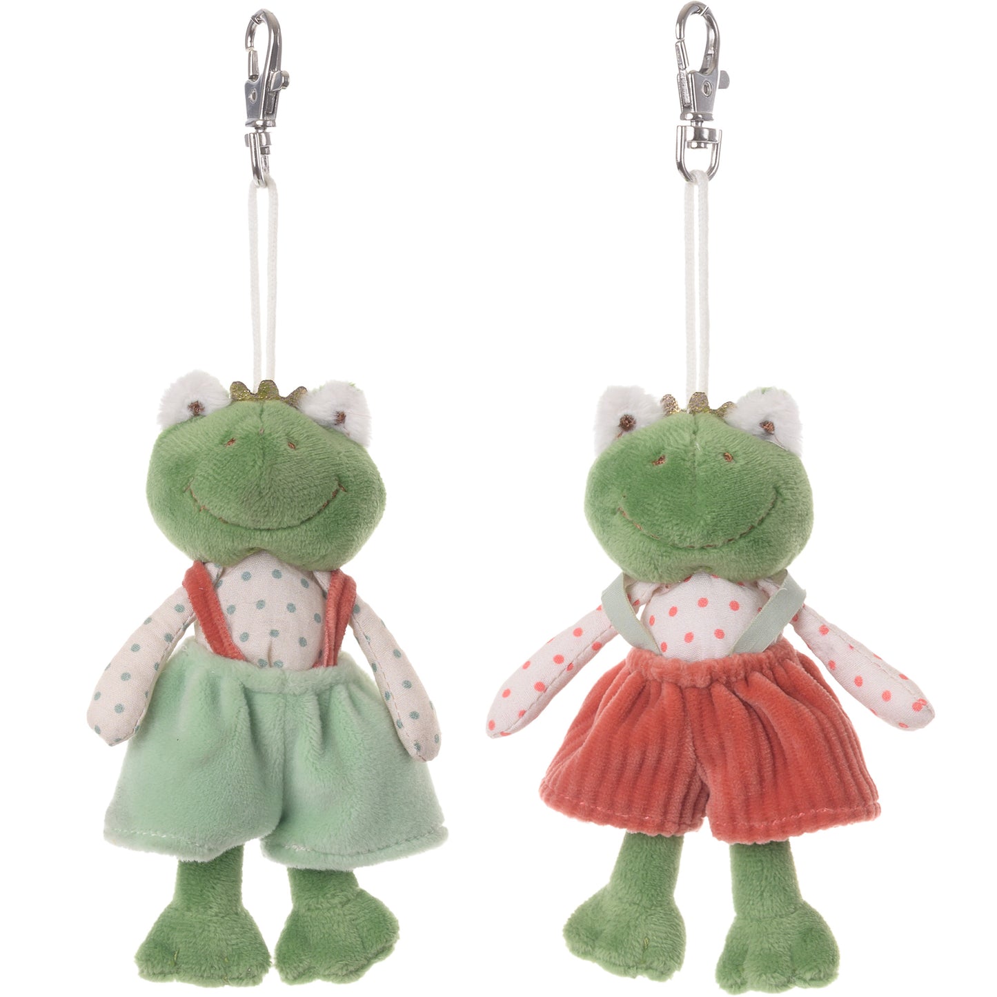 Bukowski Bears Prince Charm plush frog bag charm wearing a crown, polka-dot shirt, and green pants with suspenders, attached to a metal clip.