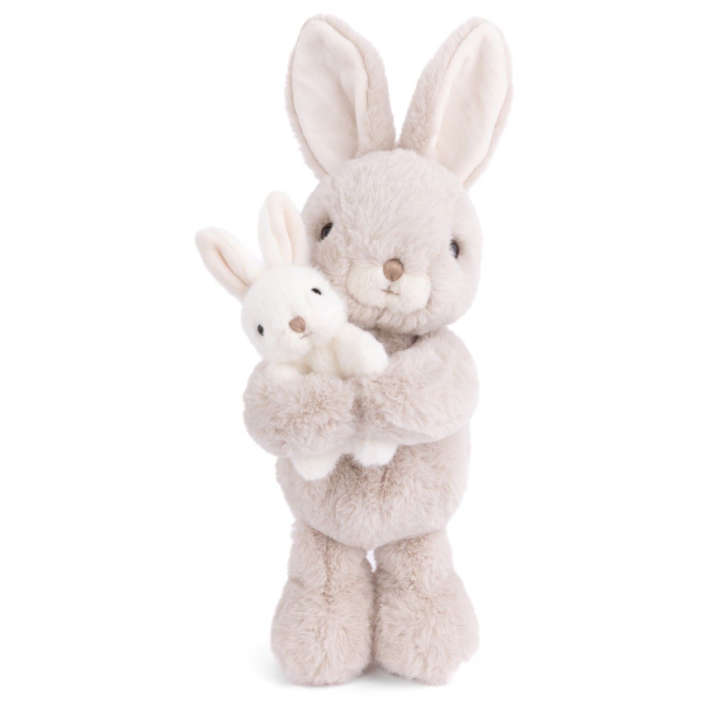 Bukowski Bears Sunny and Mama plush featuring a soft grey mama bunny lovingly holding her white baby bunny in her arms.