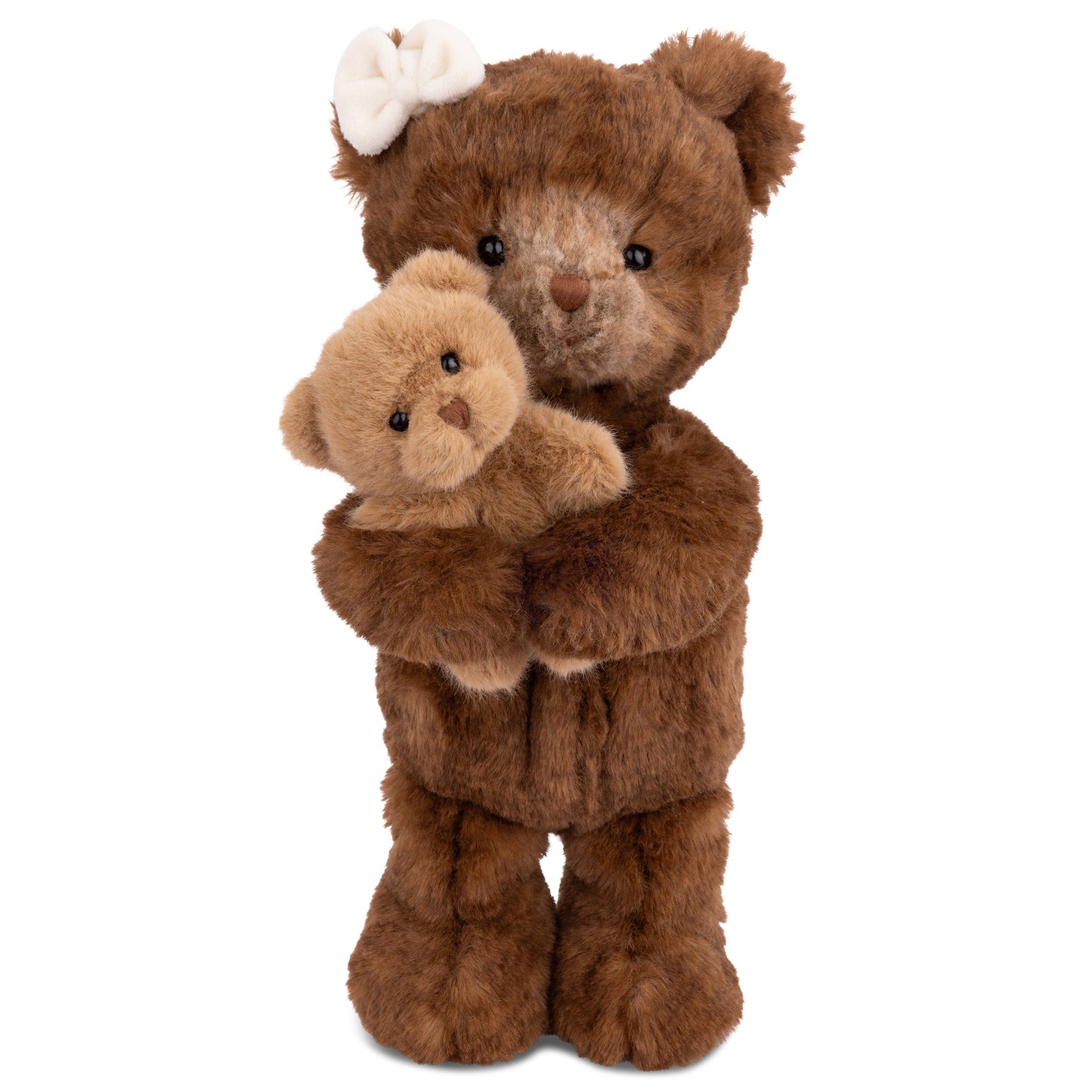 Bukowski Bears Teddy & Mama plush featuring a dark brown mama bear with a white bow holding a light brown baby teddy bear in her arms.