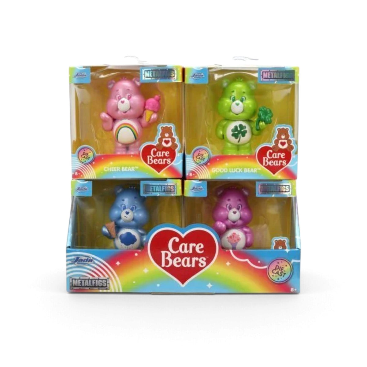 Five Jada Toys Metalfigs Care Bears toy bear figures in display boxes.