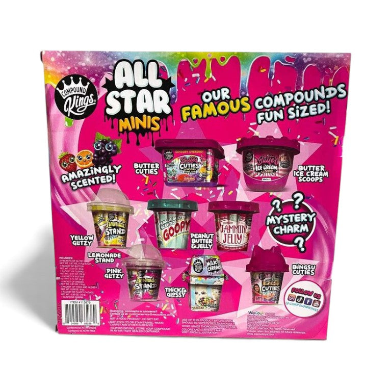 Packaging of All Star Minis with various flavors on a pink background