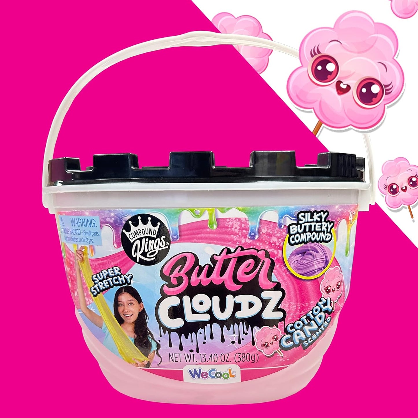 Bucket of Butter Cloudz candy with pink background
