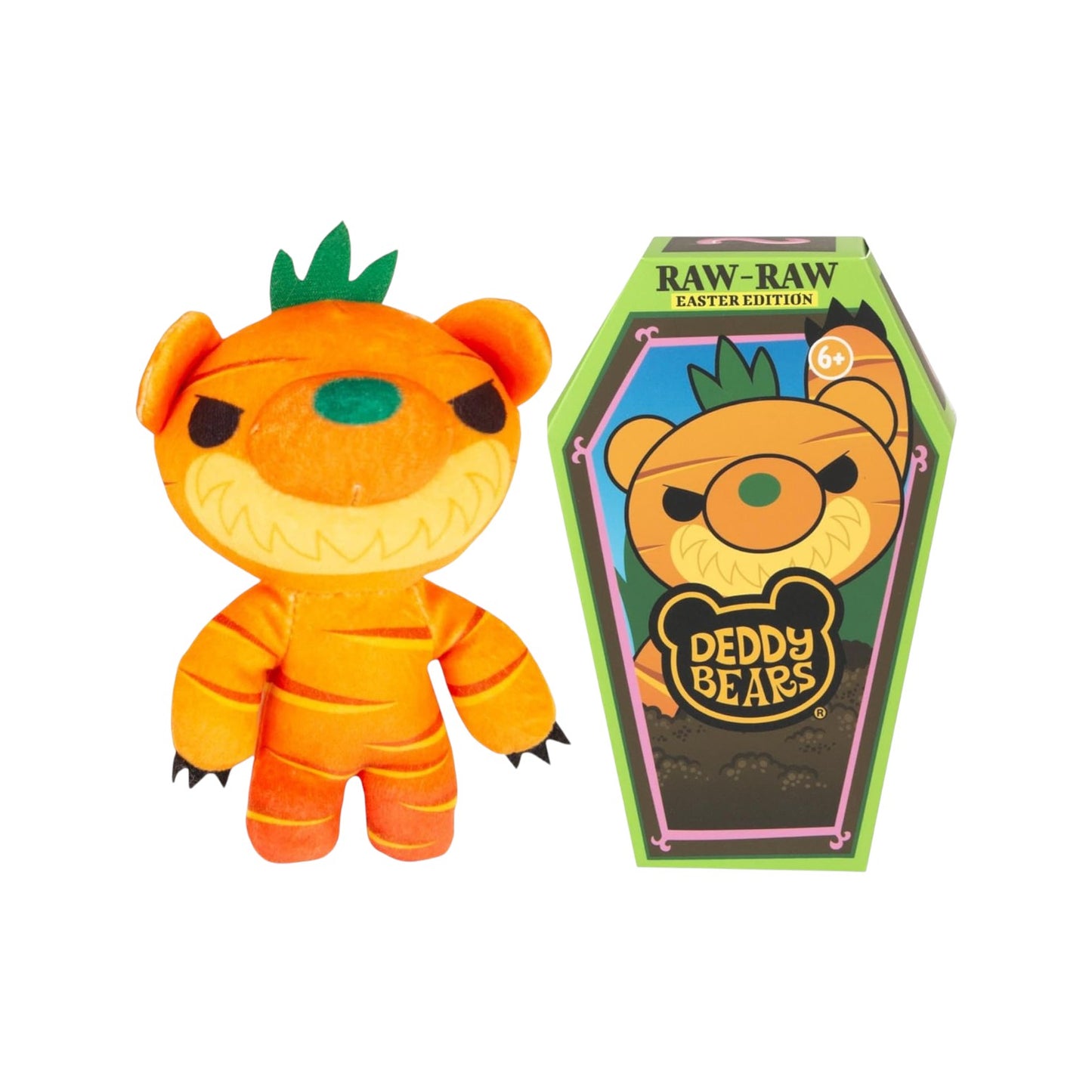 Deddy Bears Easter Series 1 Raw-Raw 5-inch plush in coffin box, an undead orange carrot bear with a green top.