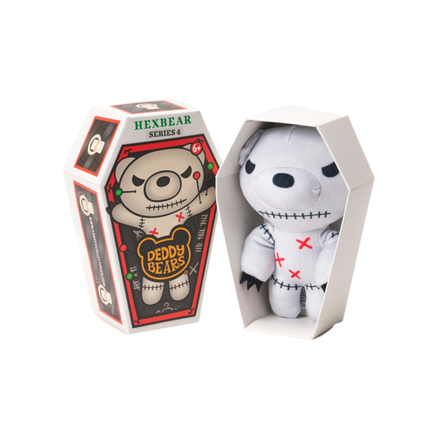 Deddy Bears Series 4 Hexbear 5-inch plush in coffin box, a white voodoo bear with stitched details and black claws.