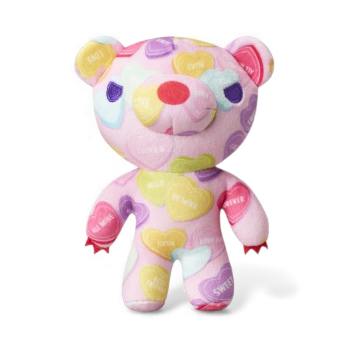 Product view of Bemine Bear from Deddy Bears Valentine's Series 2, a pink 5-inch plush covered in pastel candy hearts.