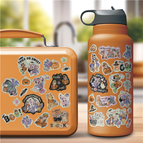 Disney Friends Halloween 4-sheet sticker pack featuring Mickey, Minnie, Winnie the Pooh, and friends in cute spooky costumes