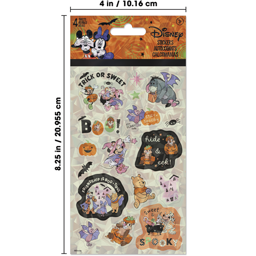 Disney Friends Halloween 4-sheet sticker pack featuring Mickey, Minnie, Winnie the Pooh, and friends in cute spooky costumes