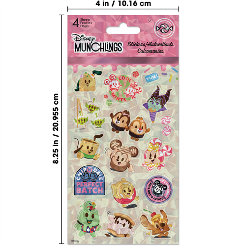 Pack of Disney Munchlings stickers with dimensions indicated