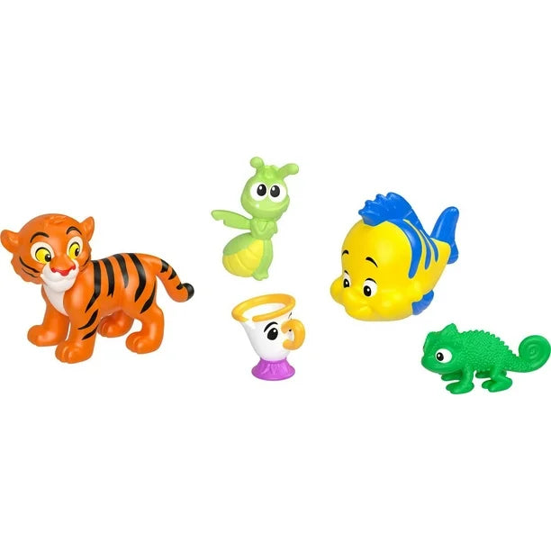 Disney Princess & Friends small doll set, showing friends Flounder, Ray, Chip, Rajah, and Pascal.