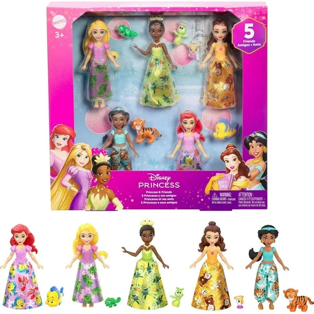 Packaging and contents of the Disney Princess & Friends small doll set, showing dolls Ariel, Tiana, Belle, Jasmine, and Rapunzel with their respective friends Flounder, Ray, Chip, Rajah, and Pascal.
