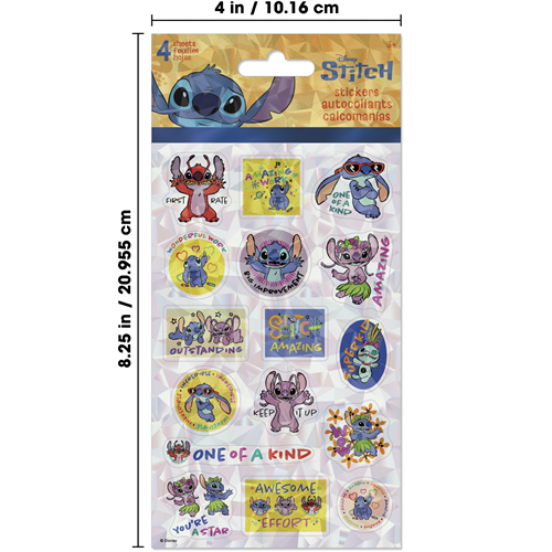 Sheet of Disney Stitch stickers with various designs on a white background
