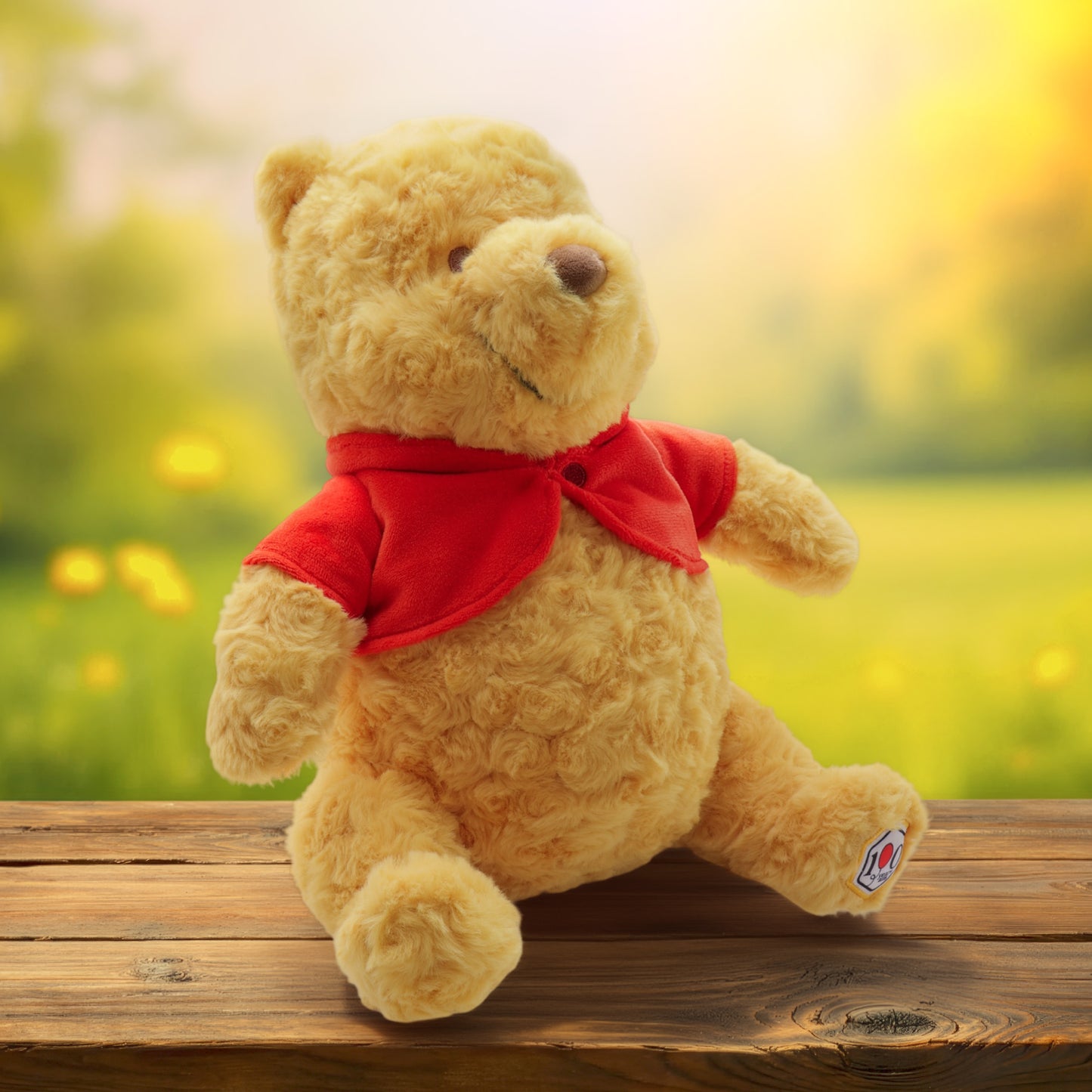 Disney Winnie the Pooh 100th Anniversary plush featuring textured rose-swirl fur and a red velvet cardigan. sitting on wood with nature in the background.