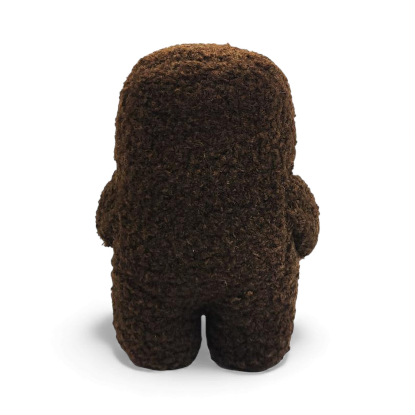 Back view of the 6.5-inch Domo plush, a brown fuzzy rectangular monster with a large open mouth holding a green boba tea cup.