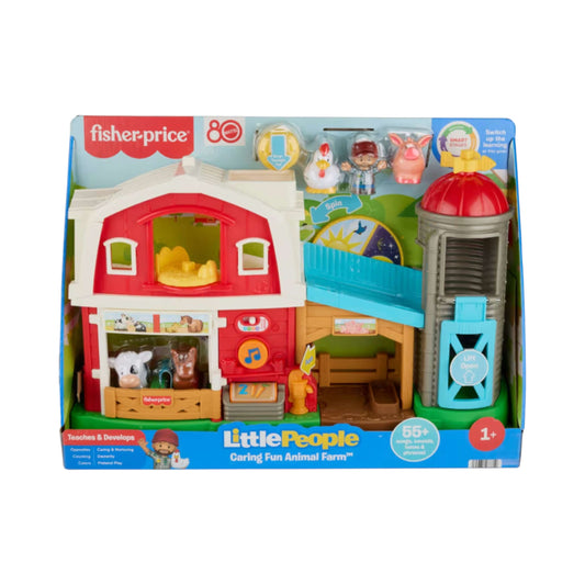 Fisher-Price Little People Caring Fun Animal Farm playset featuring a red two-story barn, a farmer figure, and animal figures.