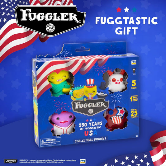 Fuggler collectible figures packaging with American flag design on a blue background