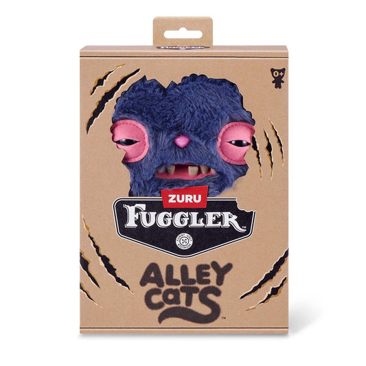 Fuggler Alley Cats toy packaging with a blue creature face on a brown background