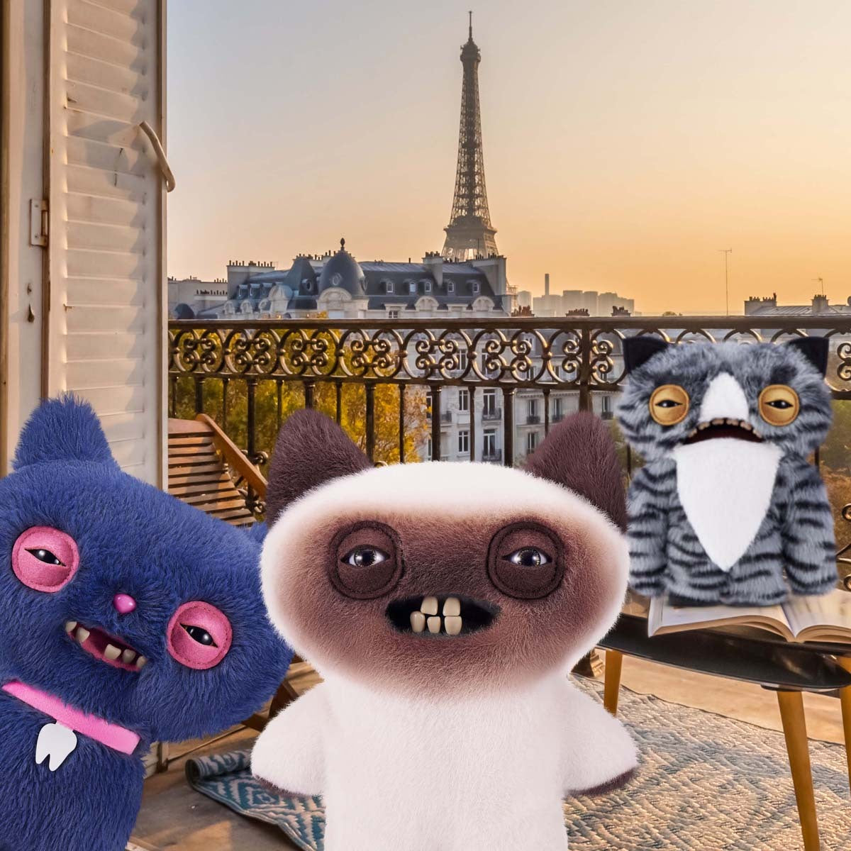 Three Fuggler Alley Cat plush toys in front of a balcony with the Eiffel Tower in the background.