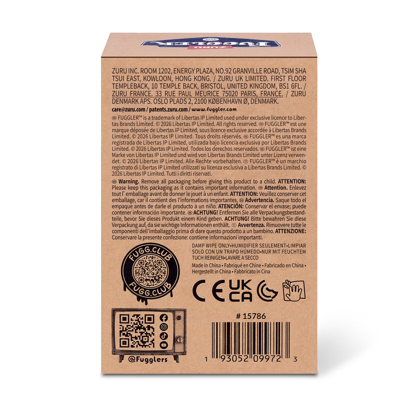 The back of a brown cardboard box for Fugglers, showing extensive product information, barcodes, and certification logos on a white background.