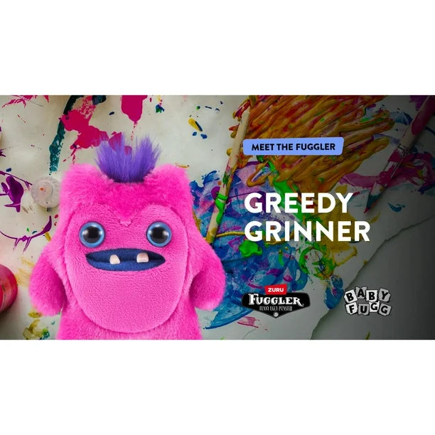 Pink plush toy with purple hair on a colorful background, featuring the Fuggler brand.