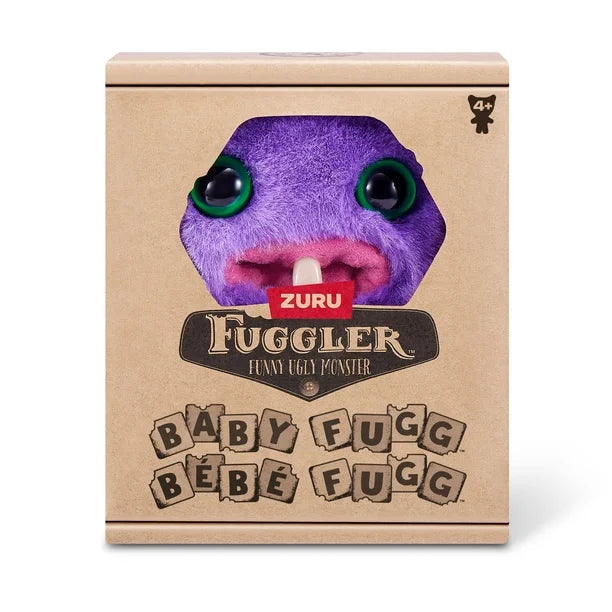 Box of Zuru Fuggler toy with a purple creature face on a beige background