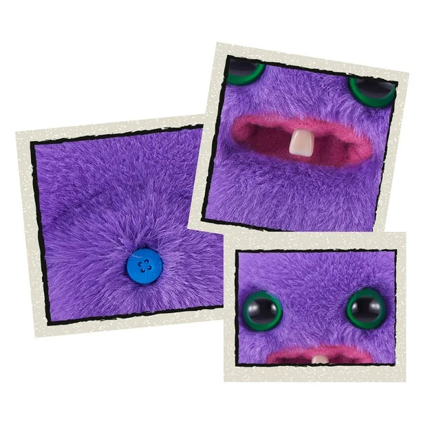 Purple plush toy with green eyes and a blue button on a white background