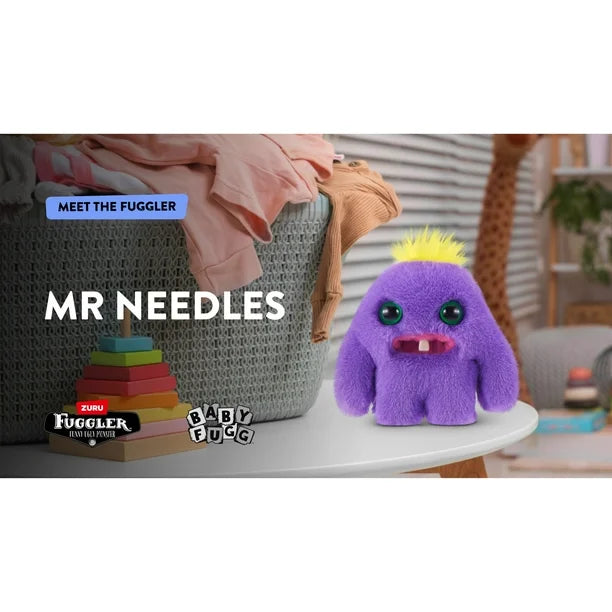 Purple plush toy with yellow hair on a white surface, with 'Meet the Fuggler' text and product logos.
