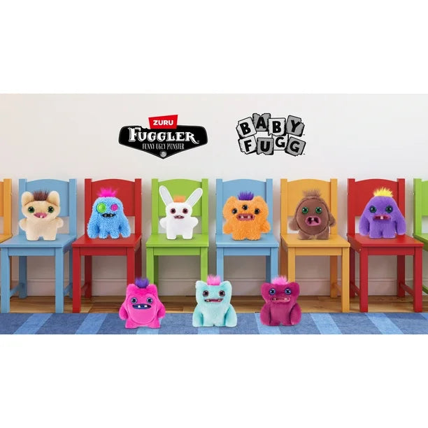 Colorful toys on chairs with Zuru and Baby Fugg logos above.