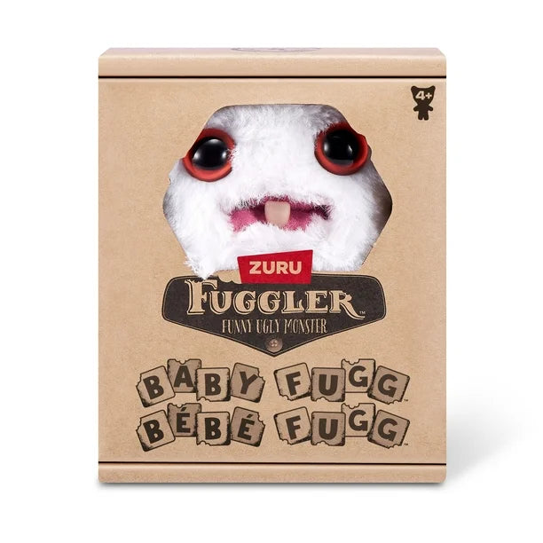 Display box for A small, white Fuggler Baby Fugg plush toy (Rabid Rabbit) with long white rabbit ears, large red eyes, one white baby tooth showing in a pink mouth, and a spiky orange tuft of hair on top.