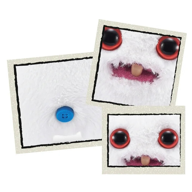 Close Up of A small, white Fuggler Baby Fugg plush toy (Rabid Rabbit) with long white rabbit ears, large red eyes, one white baby tooth showing in a pink mouth, and a spiky orange tuft of hair on top.