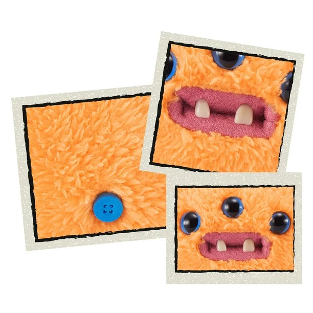 Close up of A small, shaggy orange Fuggler Baby Fugg plush toy (Reek-O) with three blue eyes across its face, three white baby teeth showing in a pink mouth, and a spiky purple tuft of hair on top.