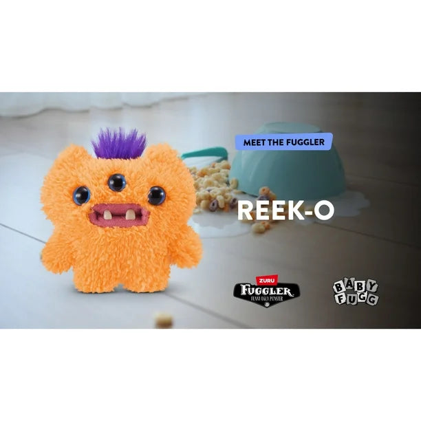 Orange plush toy with purple hair labeled 'Reek-O' on a light background