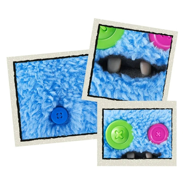 Close up of A small, shaggy blue Fuggler Baby Fugg plush toy (SaBQuoosh) with mismatched button eyes (one green, one pink), two white baby teeth showing, and a spiky pink tuft of hair on top.