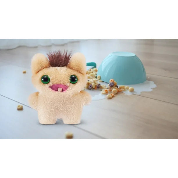 Plush toy resembling a cartoon character on a light wooden floor with a blue bowl and scattered treats.