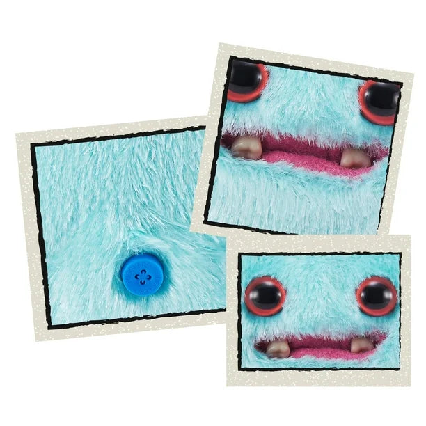 Close Up of A small, teal Fuggler Baby Fugg plush toy (Wide Eyed Weirdo) with large red eyes, two white baby teeth showing in a pink mouth, and a spiky pink tuft of hair on top.
