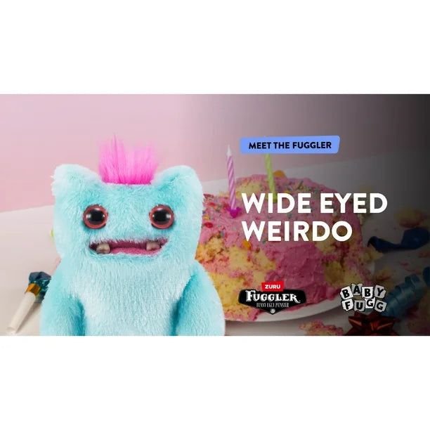 Blue plush toy with wide eyes and pink hair on a pink background, with text 'Meet the Fuggler' and 'Wide Eyed Weirdo'.