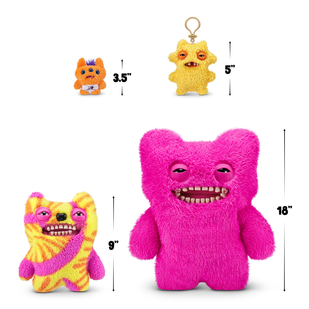 Size comparison for A Fuggler Bigg Fugg 18-inch Mr Buttons plush toy, featuring bright pink shaggy fur, squinting eyes, and a wide grin filled with realistic human-like teeth.