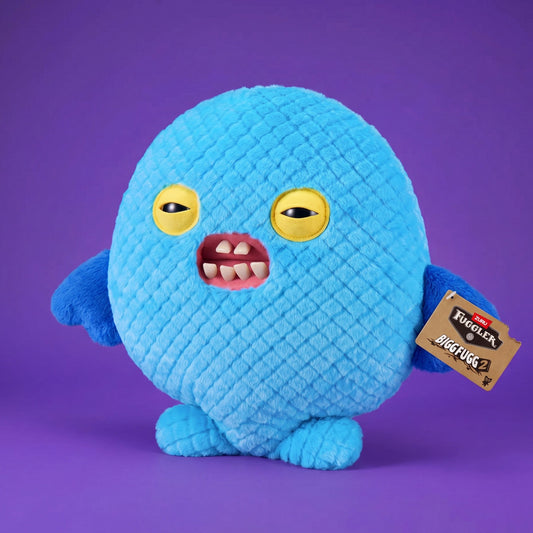 Fuggler Bigg Fugg Cod Father 18-Inch Plush featuring a round blue textured body, yellow eyes, and unsettling human-like teeth.