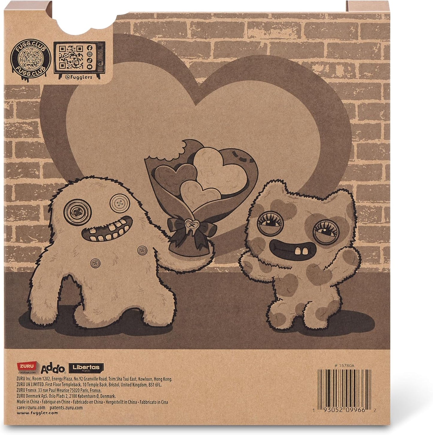 Cardboard box with two cartoon characters holding a heart-shaped bouquet against a brick wall background.