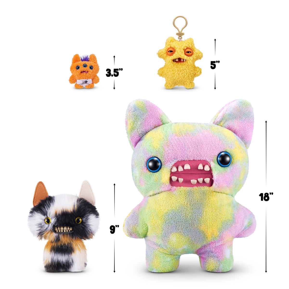 Fuggler size comparison for A 9-inch Fuggler Butt Ugly Pet (Cheezee Calico Cat) plush toy. It has shaggy calico fur (black, white, orange), mismatched ears, wide yellow eyes, and a full set of realistic human teeth.