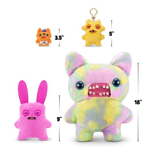 Fuggler size comparison for A 9-inch Fuggler Butt Ugly Pet (Rabid Rabbit Bunny) plush toy. It has shaggy, bright pink fur, long floppy pink ears, squinting stitched eyes, and a mouth with realistic human teeth.