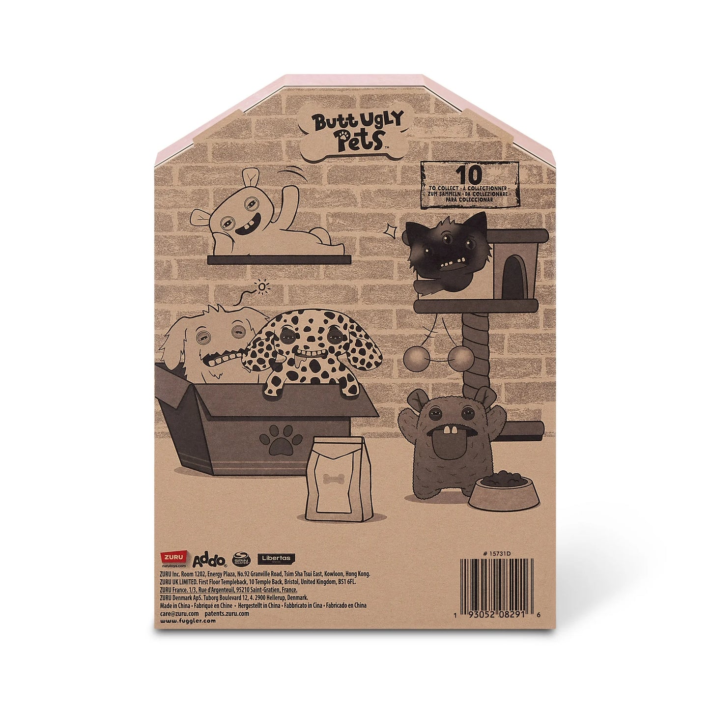 Back of display box for A 9-inch Fuggler Butt Ugly Pet (Uncladimir Tootin Hairless Rat) toy. It is made of smooth pink faux leather, with large rat ears, squinting stitched eyes, and two large human-like teeth.