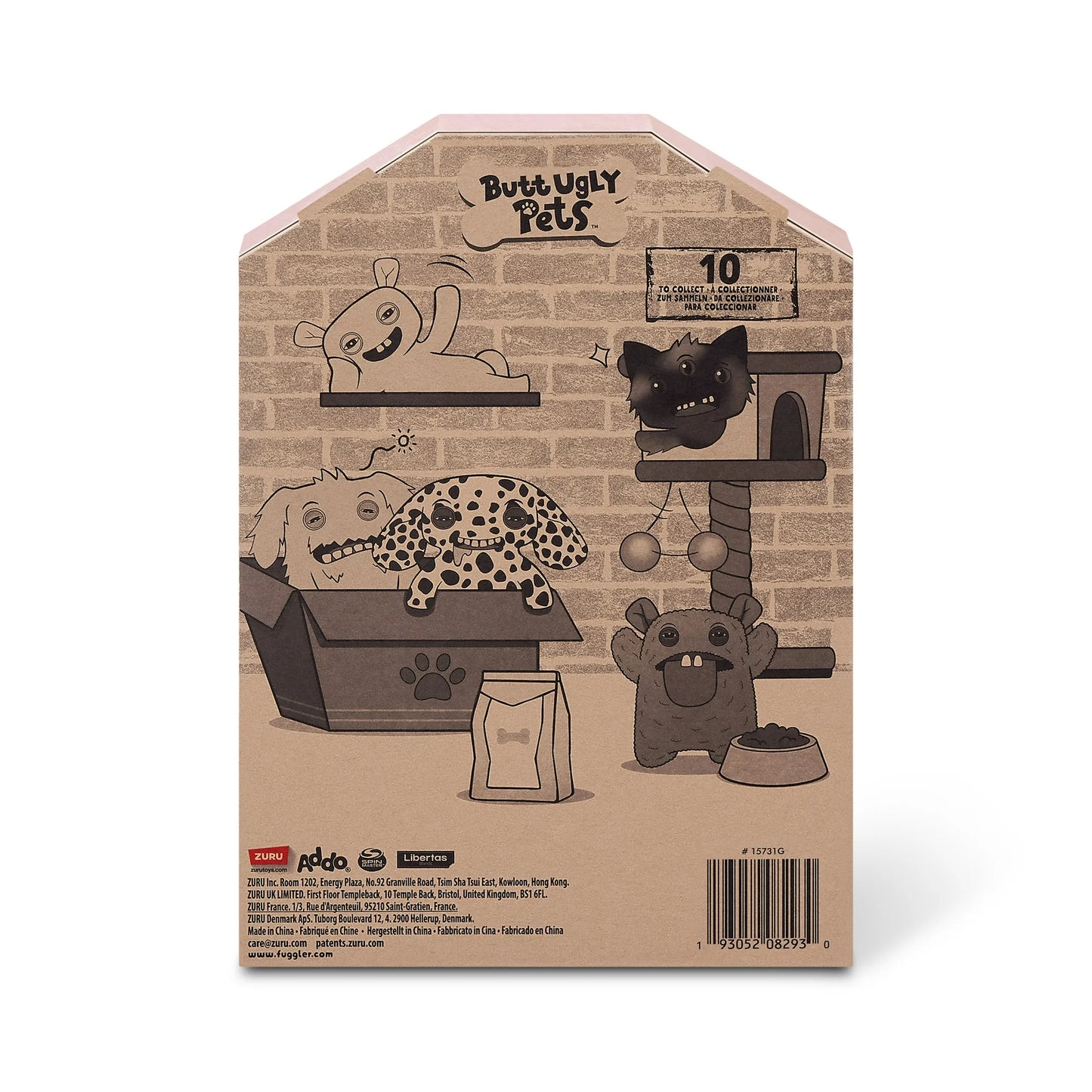 Back of display box for A 9-inch Fuggler Butt Ugly Pet (Yawper Pomeranian) plush toy. It has shaggy teal fur, pointy purple ears, squinting purple eyelids, and a small mouth with realistic human teeth.