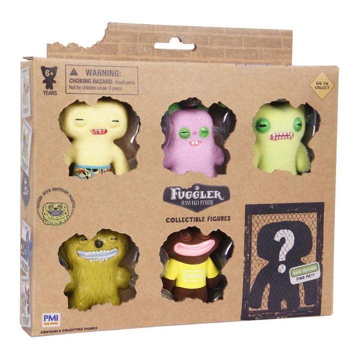 Fuggler collectible figures packaging with five colorful monster-like figures on a brown cardboard box.