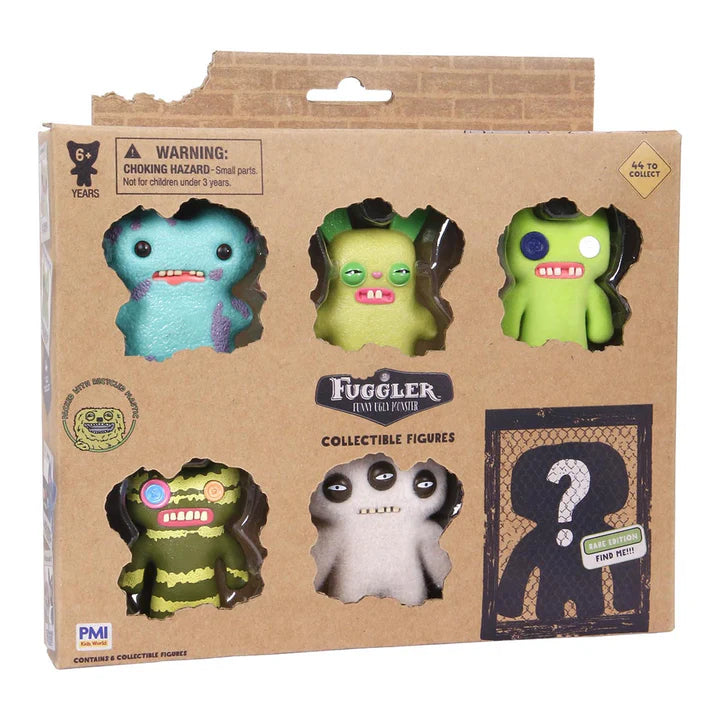 Fuggler collectible figures packaging with five colorful monster-like toys on a brown cardboard box.