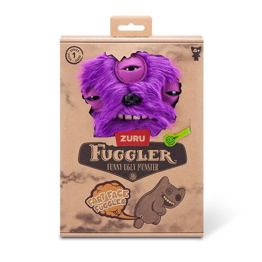 Fuggler toy packaging with purple monster face on a brown box. Fuggler Fart Face Annoyed Alien Plush by ZURU, Series 1