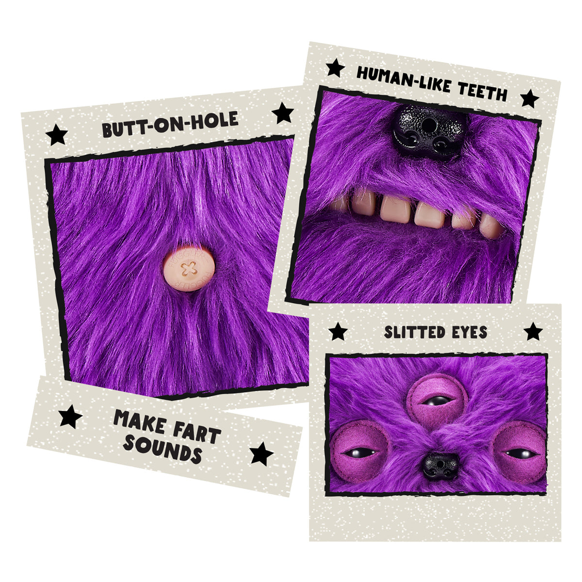 Purple creature cards with text labels on a white background.Fuggler Fart Face Annoyed Alien Plush by ZURU, Series 1