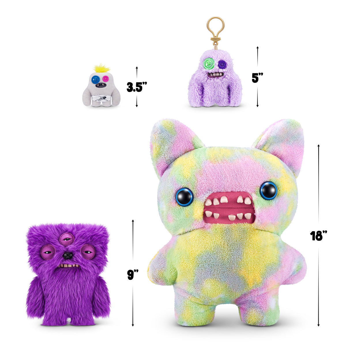 Colorful plush toy with measurements on a white background. Fuggler Fart Face Annoyed Alien Plush by ZURU, Series 1
