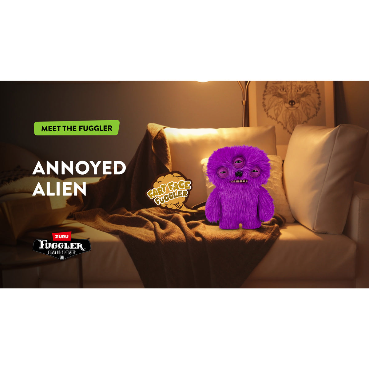 Purple plush toy with a face on a couch, labeled 'Annoyed Alien', in a cozy living room setting. Fuggler Fart Face Annoyed Alien Plush by ZURU, Series 1