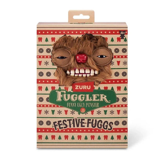 Fuggler Festive Fuggs Series 1 Reindeer 9-inch plush featuring shaggy brown fur, felt antlers, a red nose, heavy-lidded eyes, and human-like teeth.