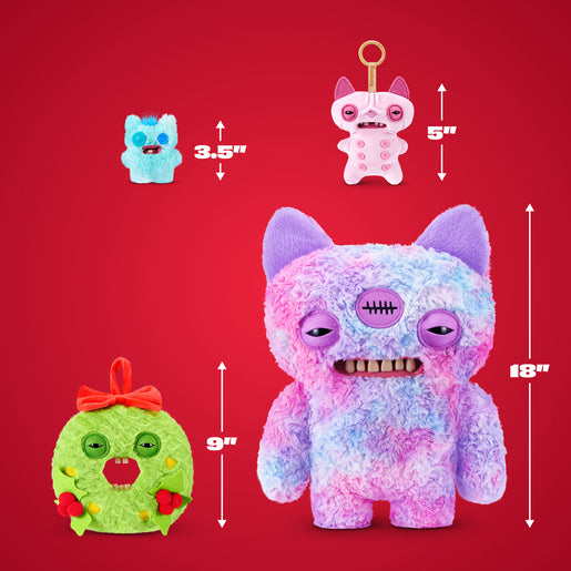 Three fuzzy monster-shaped plush toys shown on a red background with size arrows and labels: a small light blue one labeled 3.5", a small pink one labeled 5", and a larger pastel tie-dye one labeled 18".